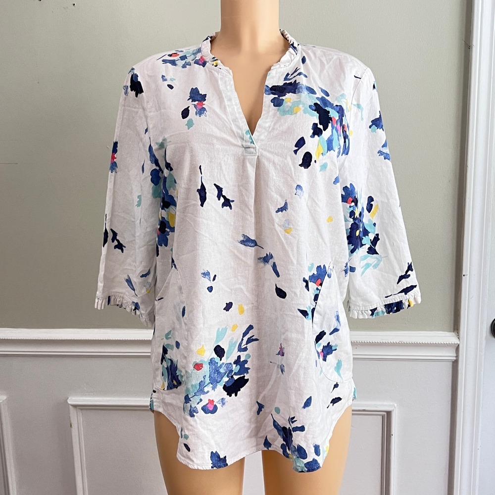 Linen Tunic Top L Women Floral 3/4 Sleeve White Blue Coastal Watercolor